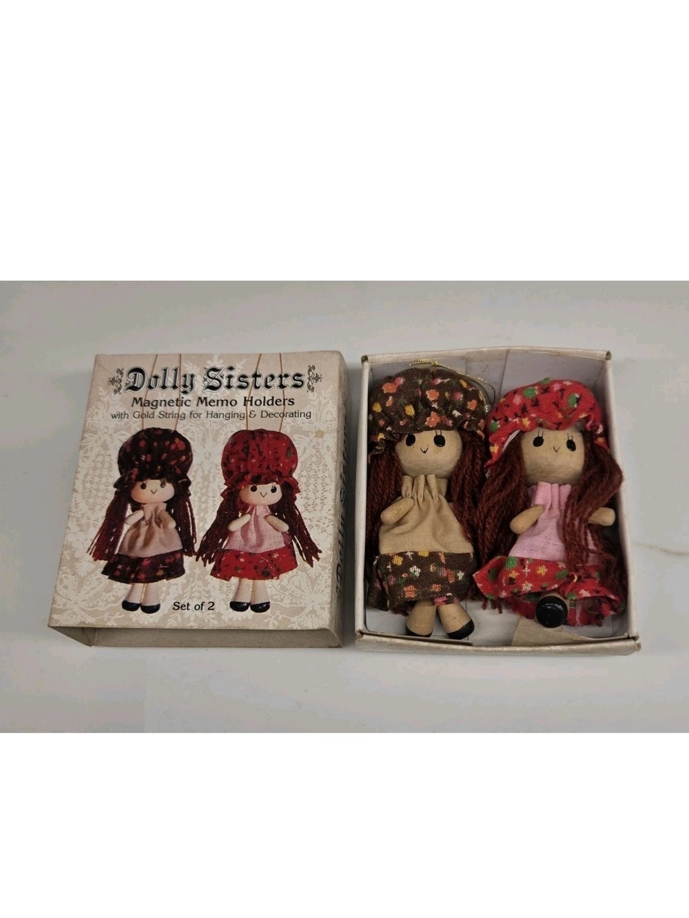 Vintage Dolly Sisters Set 2 Magnetic Memo Holders Wooden Dolls 1982 Vintage